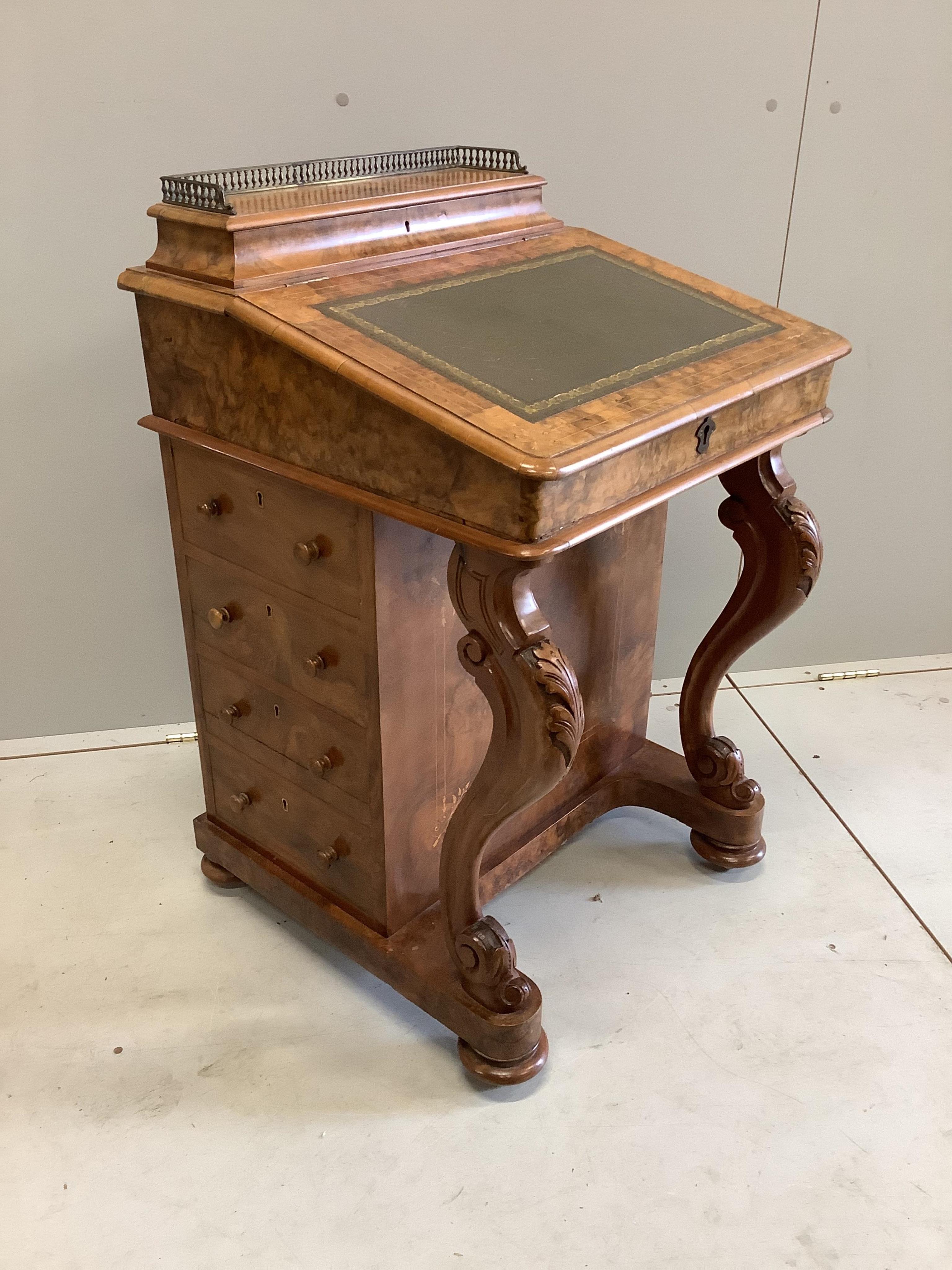 A Victorian inlaid burr walnut Davenport, width 53cm, depth 54cm, height 85cm. Condition - good